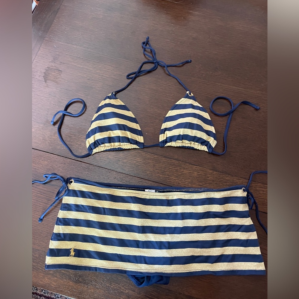 Navy Gold stripe bikini top with matching skort by Ralph Lauren size Lg